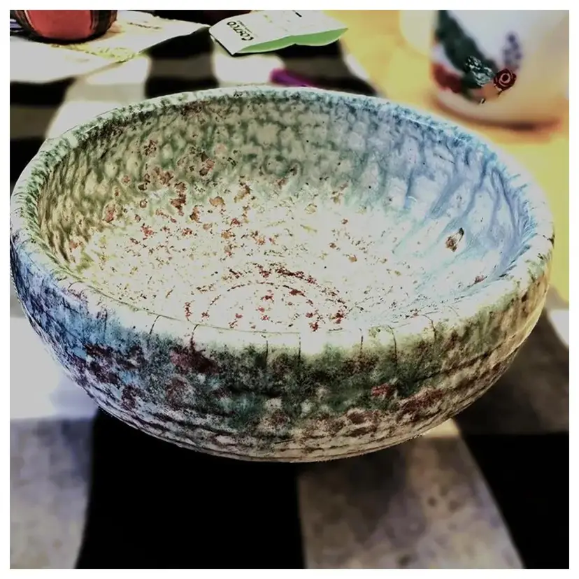 Raku Art Pottery Bowl Turquoise Blue White Brown stamped by Artist M Madsen Blaine WA