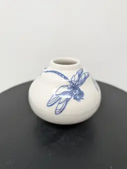 Art studio dragonfly bud vase blue and white signed JB