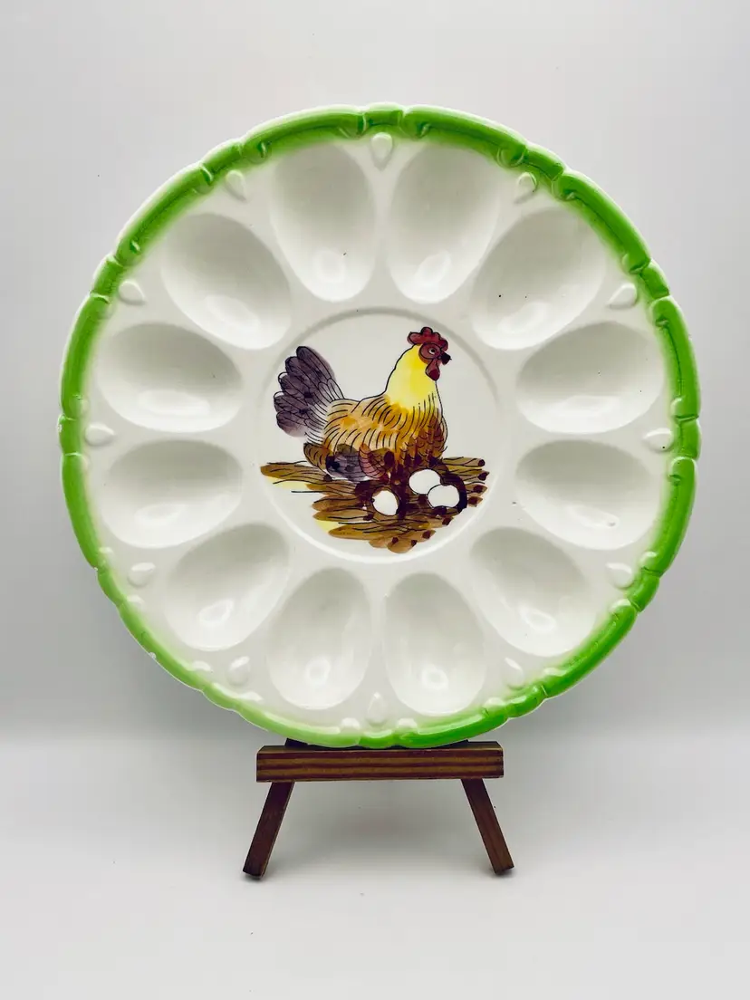 Vintage, Hand Painted, Ceramic, Deviled Egg Plate, Hen, Green Trim