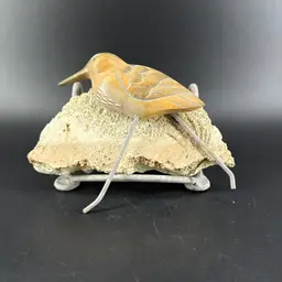 Handcrafted Carved 6.5"x3.75"x1.75" Wooden Sandpiper On Acrylic Block With Stand