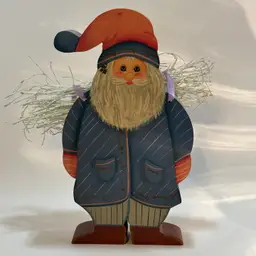 Handmade Painted Wooden Santa Carrying Silver Glittering Kindle 11.25” Tall