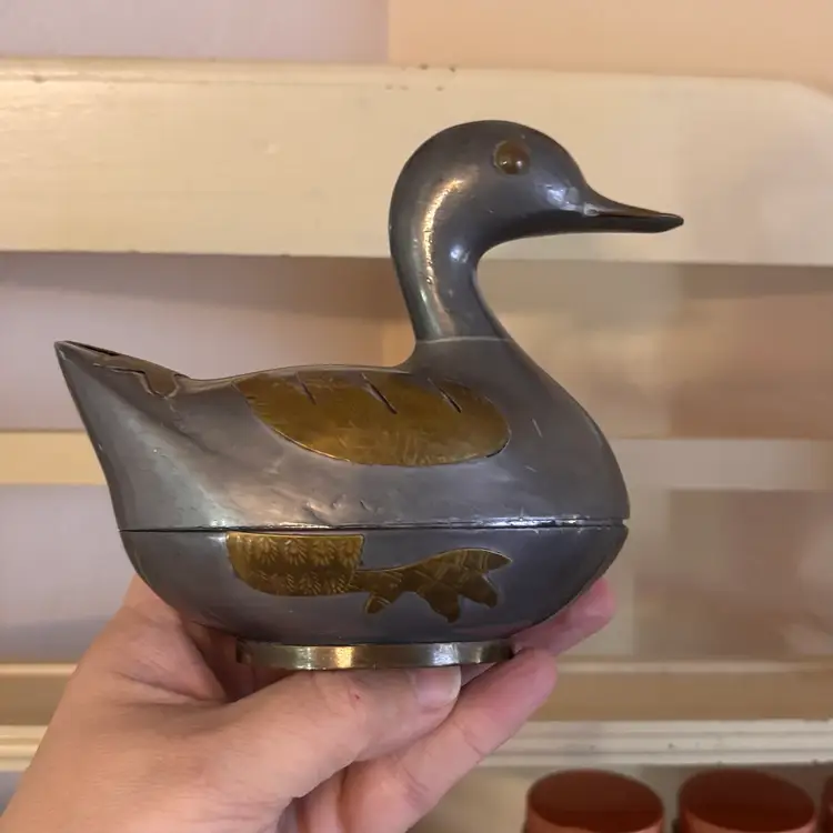 Vintage Brass Appliquéd Pewter Duck Trinket Box