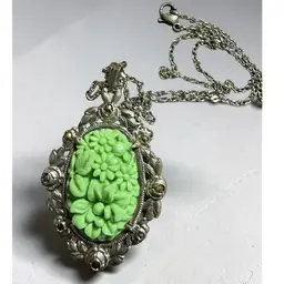 Molded Spring Green Floral Resin Cabochon & Marcasite Silver Tone Pendant On 18” Necklace Chain