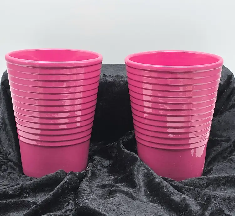 Hot Pink Ribbed Vases or Flower Pots Germany 6.25" (pair)