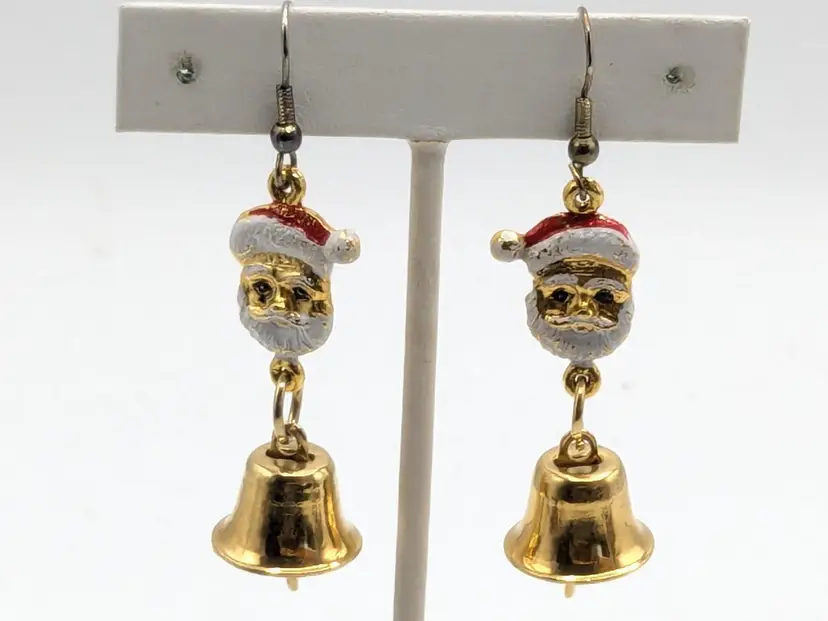 Vintage Santa Claus Earrings with Bells Gold Tone Holiday Jewelry