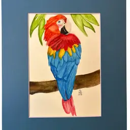 Watercolor Original Parrot On Limb 5x7” In Blue 8 X 10” Matte