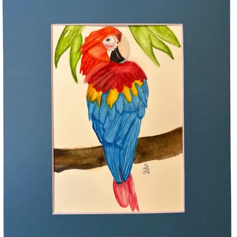 Watercolor Original Parrot On Limb 5x7” In Blue 8 X 10” Matte