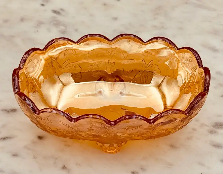 Vintage Jeannette  Iridescent Carnival Glass (Floragold/ Louisa Pattern) Footed Dish