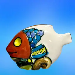 Ceramic Fish Figurine Hand Painted Orange/Blue/Yellow/Purple 3-1/4” T x 3-1/4” T x 2” W