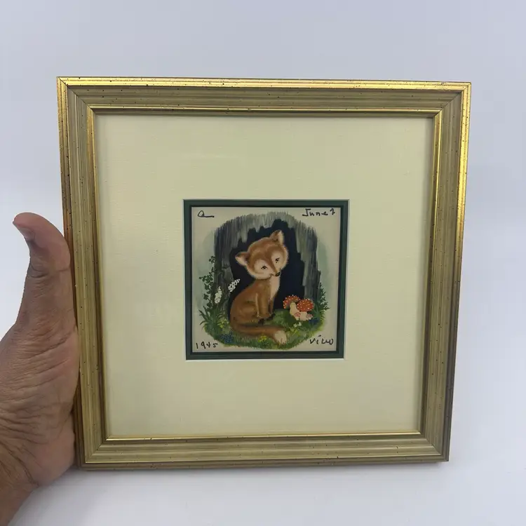 ORIGINAL 1945 Framed Art Signed Fox In A Den With Mushrooms 8”
