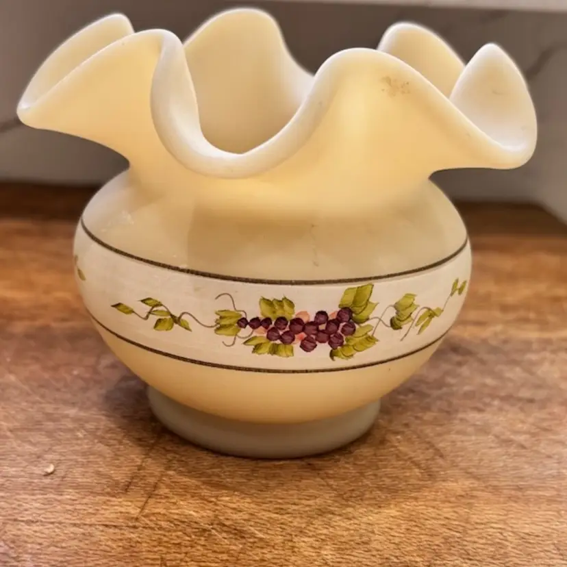 Fenton Custard/cameo Glass Ruffled Vase Hand Painted - 3.5” - Signed