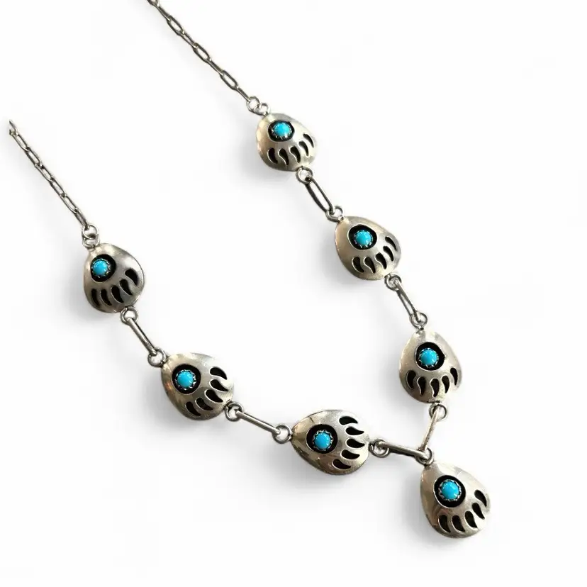 Vintage Native American Sterling Silver With Turquoise Marked Bear Claw Necklace