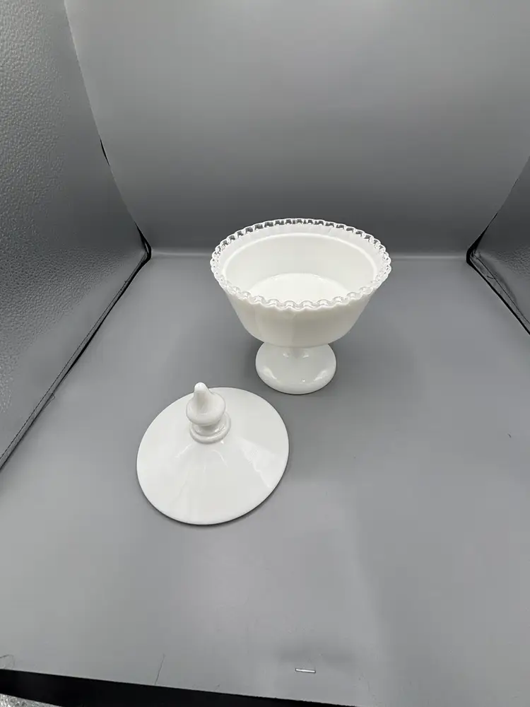 Fenton silvercrest milk glass pedestal candy dish with lid