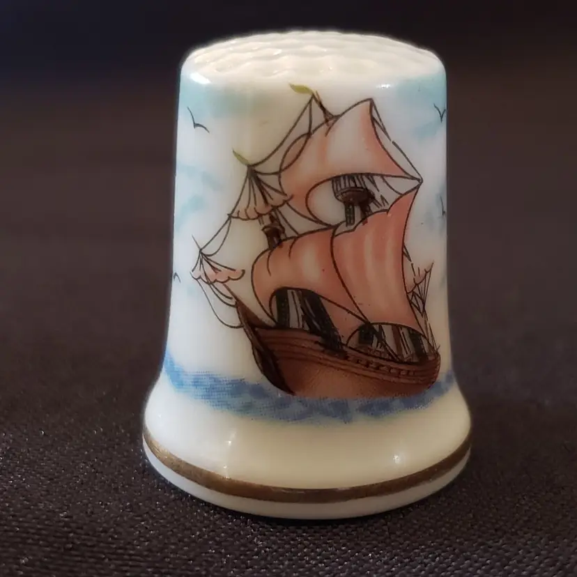 Sewing Thimble Ceramic Porcelain Sailing Ship Boat made in Japan Vintage