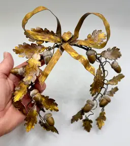 Vintage Dresden Petite Choses Brass Acorn Wreath With Bow Oak Leaves 6.5” X 8.5”