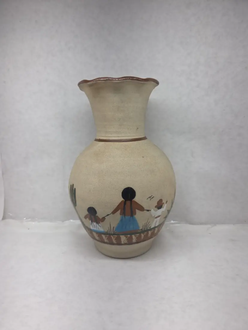 Hand Painted Tonala Mexican Pottery Vase Signed Mother & Child 8" Tall Signed