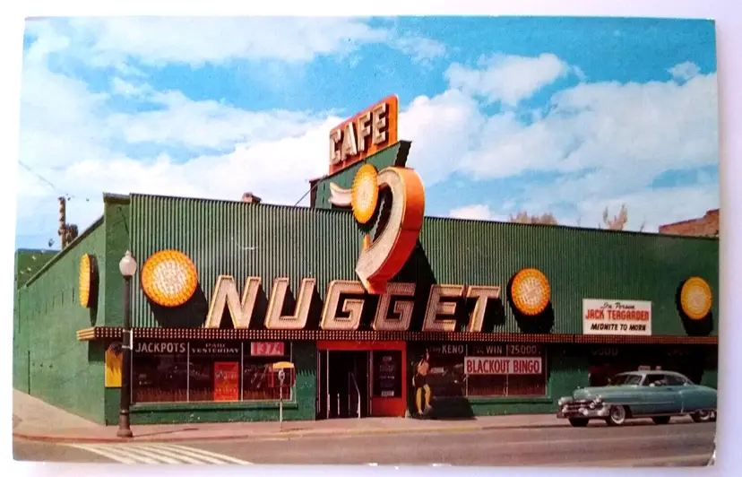Nugget Casino Postcard Sparks Nevada Cafe Neon Sign Old Car Automobile Chrome