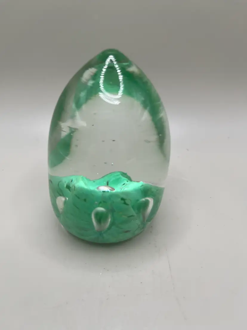 Vintage Egg Shaped Clear/Green Glass Norcrest Paperweight