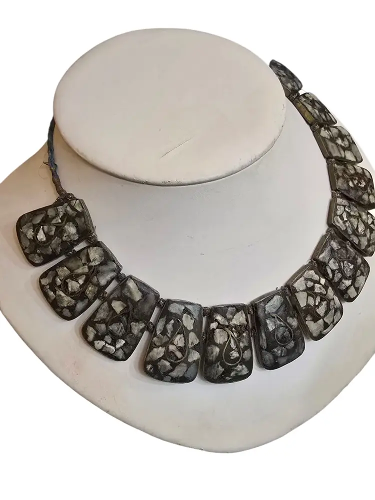 Vintage India? Mosaic Style On Brass And Cord Necklace (A9463)