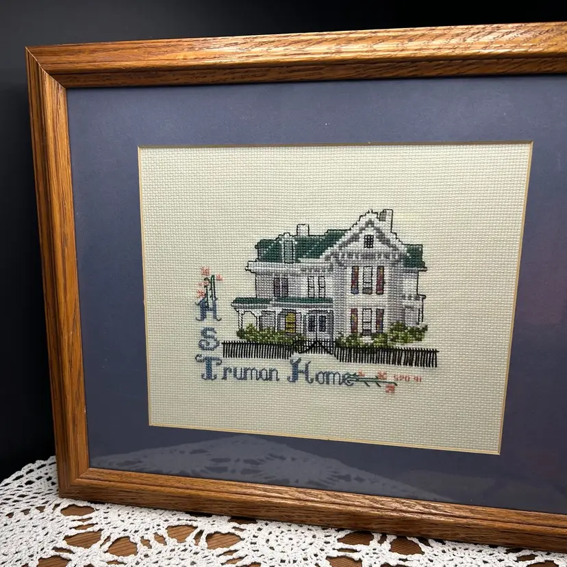Harry S Truman House Cross Stitch Framed Dated “91” 15x13 With Blue Matte Wooden Frame