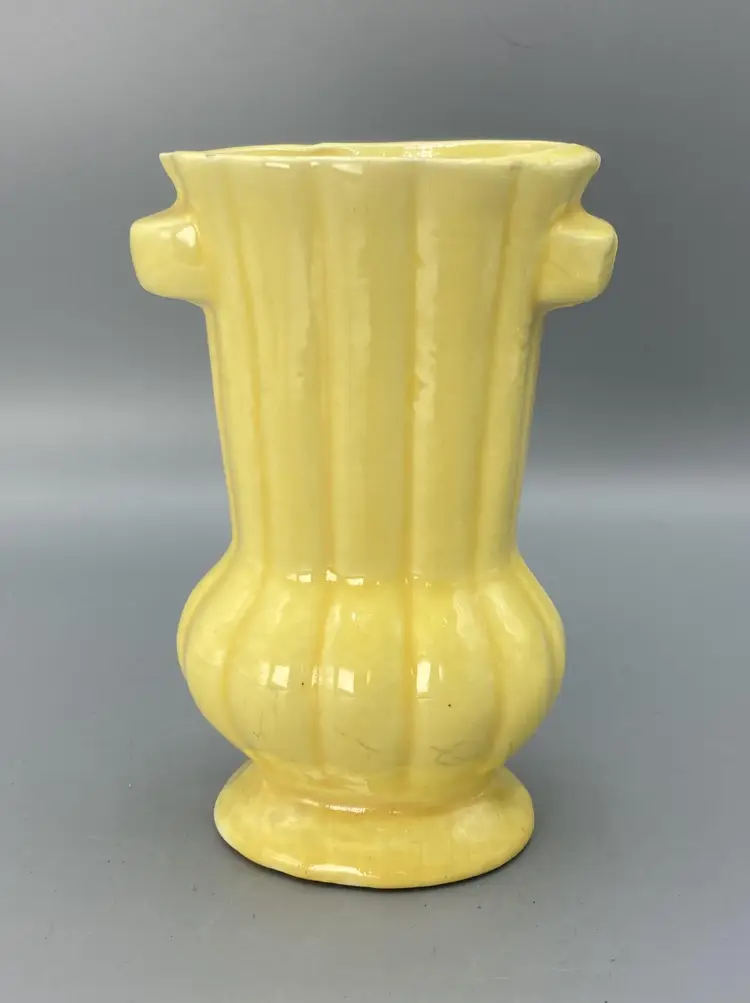 Vintage Yellow Pottery Double-Handled Vase (small) Made in USA 5"