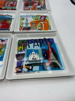 CRATE & BARREL Square Travel Plates 6 Paris London Tokyo Venice New York