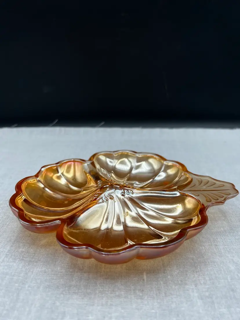 #757B Vintage Iridescent Marigold Carnival Glass Divided Nut/Candy Dish