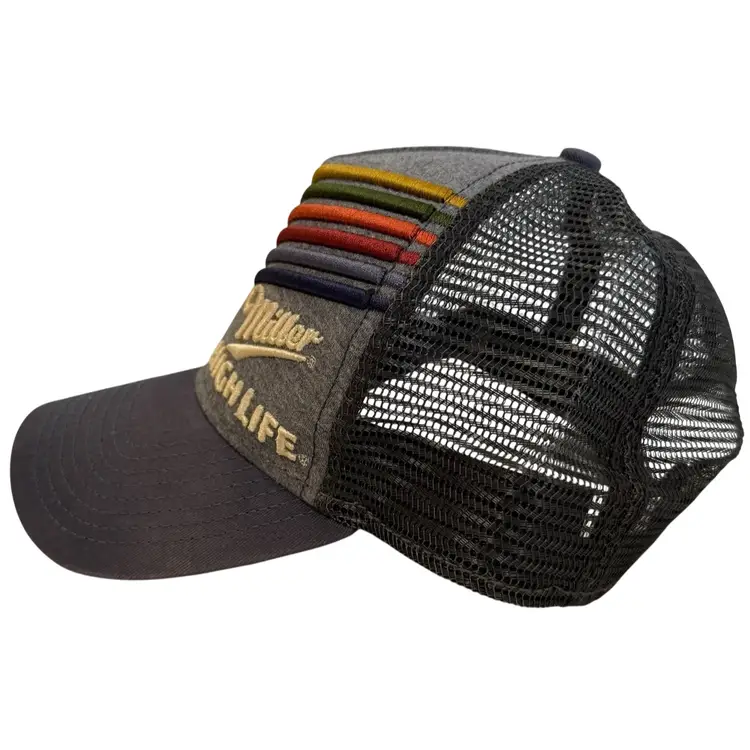 Miller Lite High Life 6 Color Stripe Embroidered Gray Trucker Style Snapback
