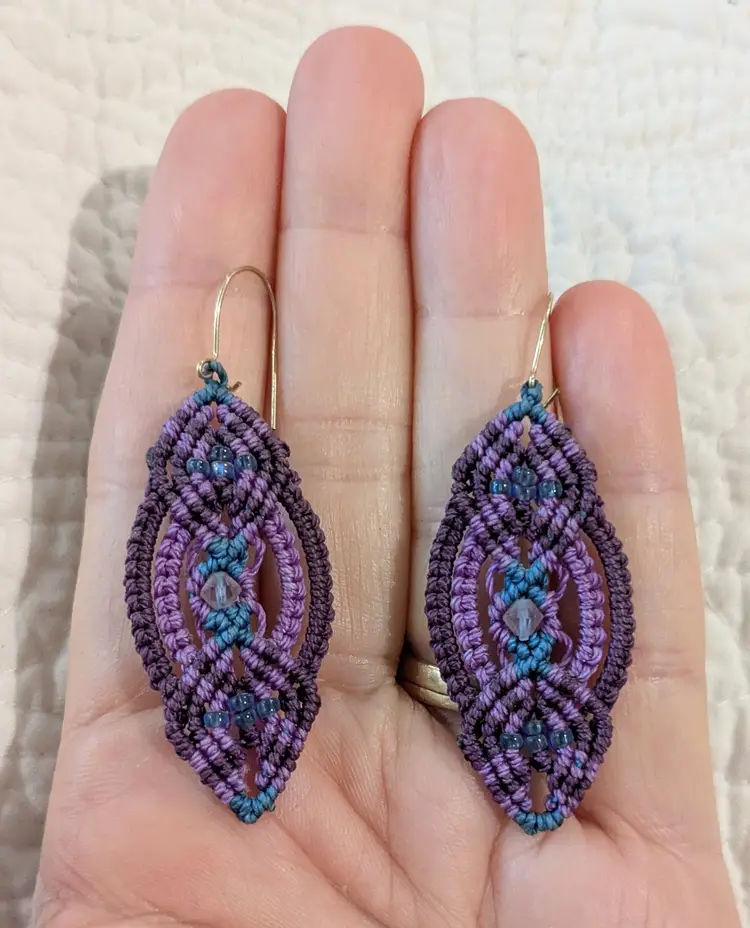Vintage Artisan Made Macrame Beaded Pierced Earrings in Shades of Purple and Blue