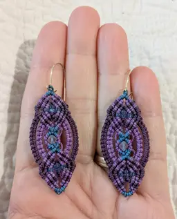 Vintage Artisan Made Macrame Beaded Pierced Earrings in Shades of Purple and Blue