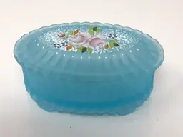 Fenton Blue Topaz Oval Ribbed Trinket Box Hand Painted by B Huggins
