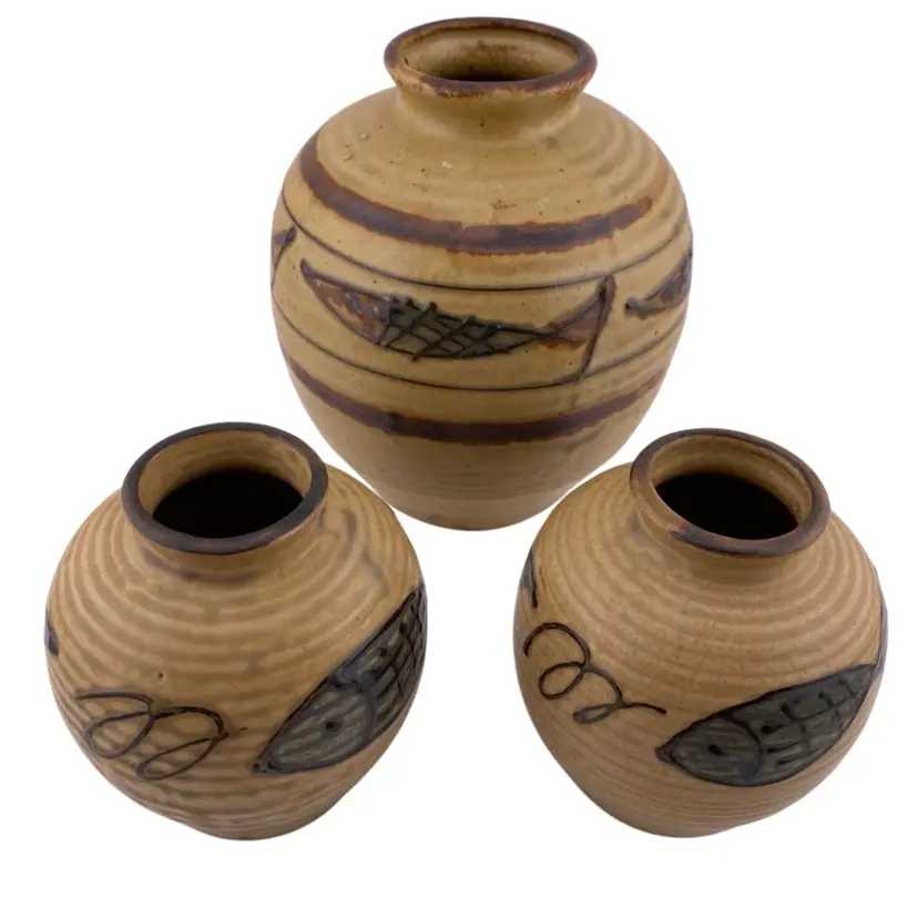 Vintage Pottery Vase Pots Long Fish Ocean Coastal Set Of 3