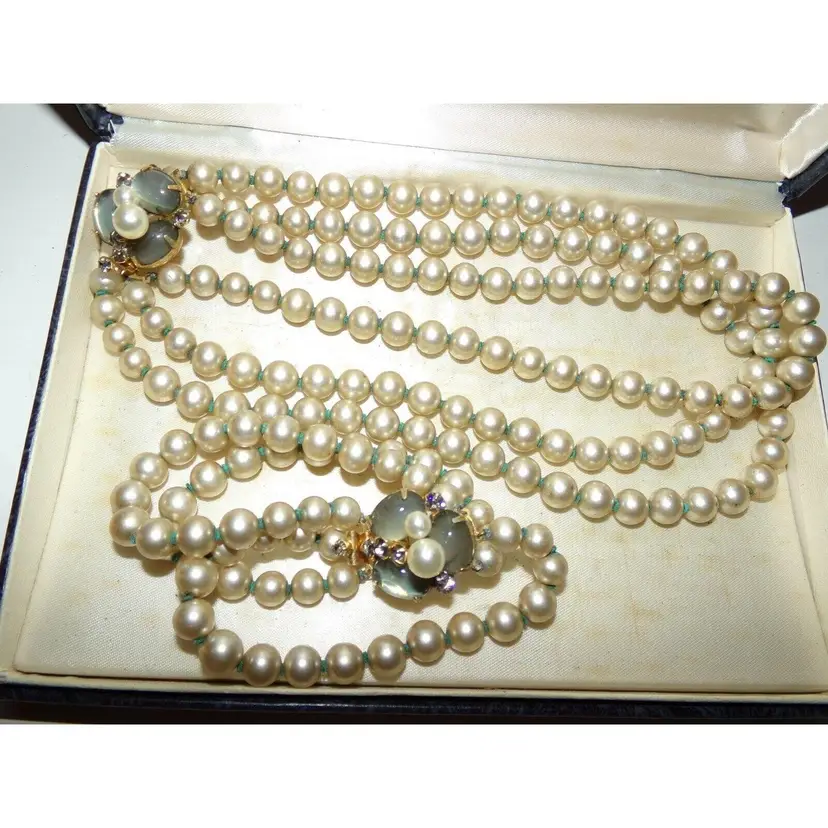 Vintage Pearl Necklace & Bracelet Marvella 3 Strand Champagne w/Grey Rhinestone Clasps