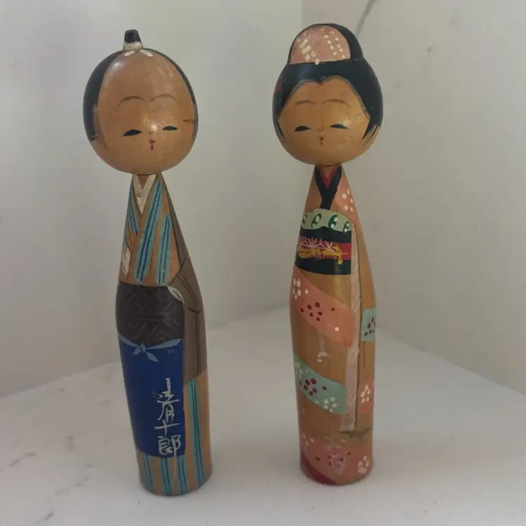Vintage Set Of Two Kokeshi Dolls Male And Female