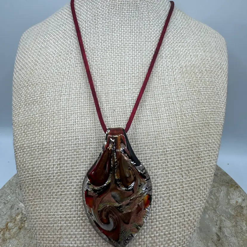 Large Hand-Blown Art Glass Teardrop Pendant – Maroon Copper Silver & Black Swirl Marked 925 Sterling Silver Germany - Tested BIN BASH SALE