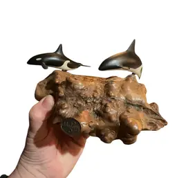 John Perry Studio Orca Killer Whales Burl Wood Art Sculpture Figure Ocean Scene