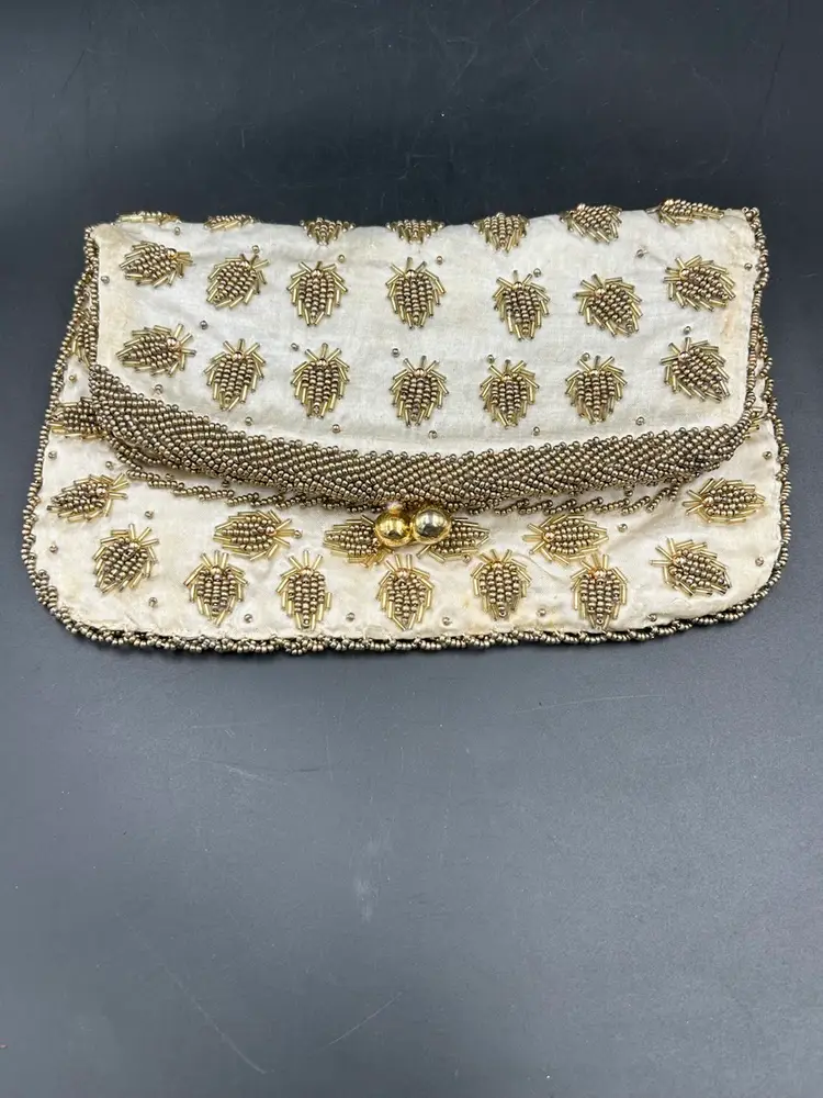 Vintage Beaded Satin Cream And Gold Beating Fold Over Clutch With Clasp Closure Purse Hong Kong