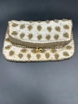 Vintage Beaded Satin Cream And Gold Beating Fold Over Clutch With Clasp Closure Purse Hong Kong