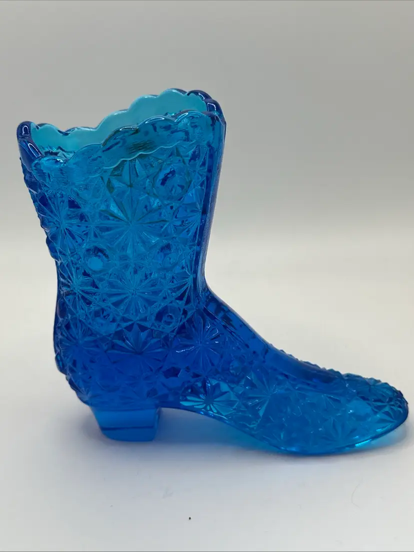Vintage Fenton Art Glass Blue Boot Daisy & Button Pattern