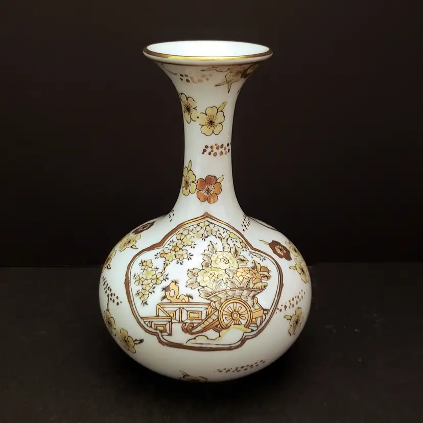 Gold Imari Hand Painted Porcelain Vase Yellow Brown Cherry Blossom Chinoiserie Vintage