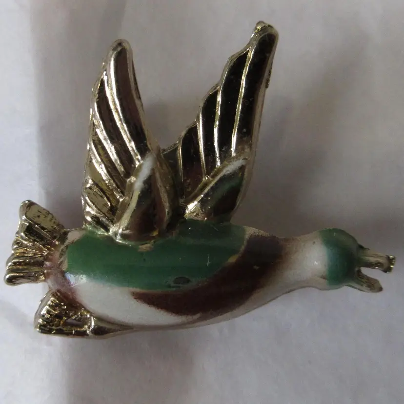 Enamel on Gold Tone Metal Mallard Duck Brooch Scatter Pin - 1.25 Inches Long