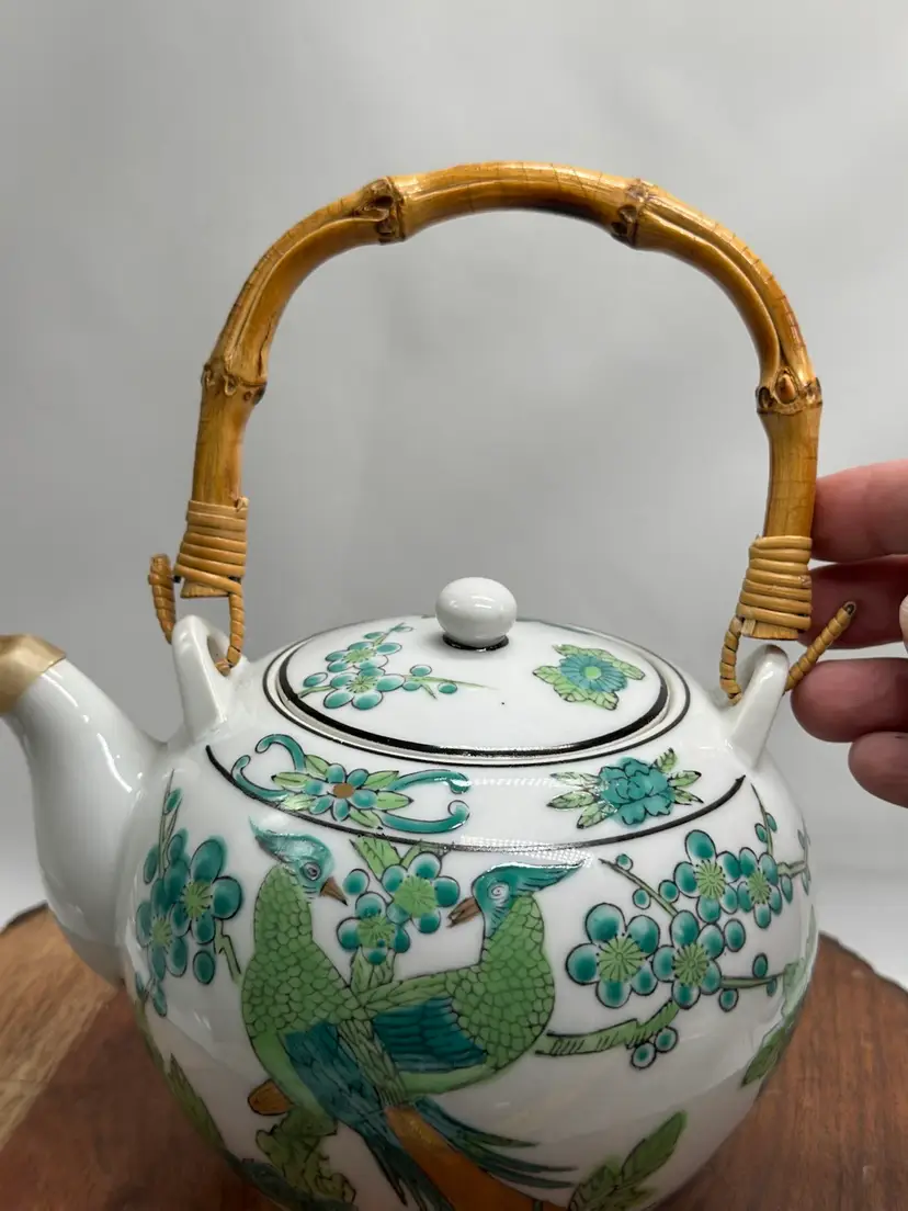 Vintage Otagiri Japan Chinoiserie Lidded Teapot Peacocks Bamboo Handle