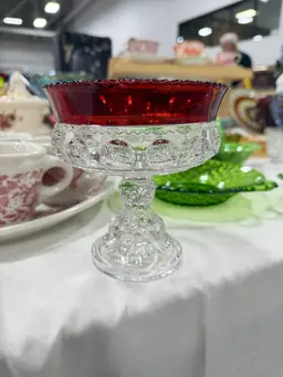 Vintage Tiffin Glass Kings Crown Cranberry Flared Rim Thumbprint Compote (1)