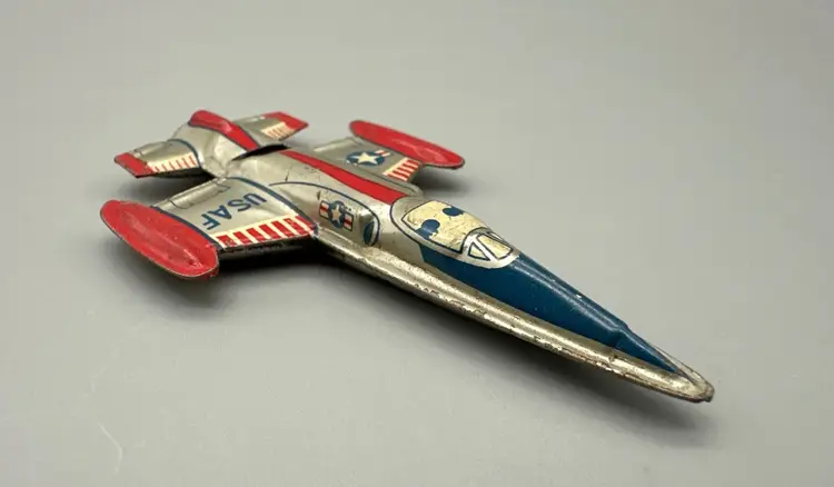 Vintage Tin Litho Japan Airplane Whistle USAF Jet Plane Toy 3" Works