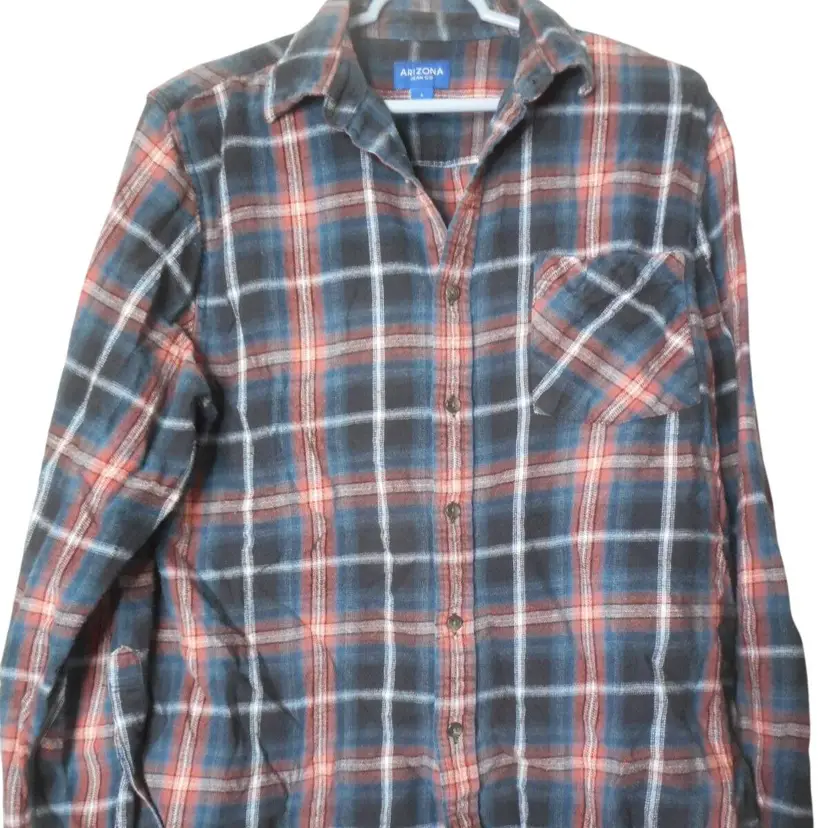 Sz L blue black orange Plaid long sleeve button front Shirt cotton Arizona Jean Co