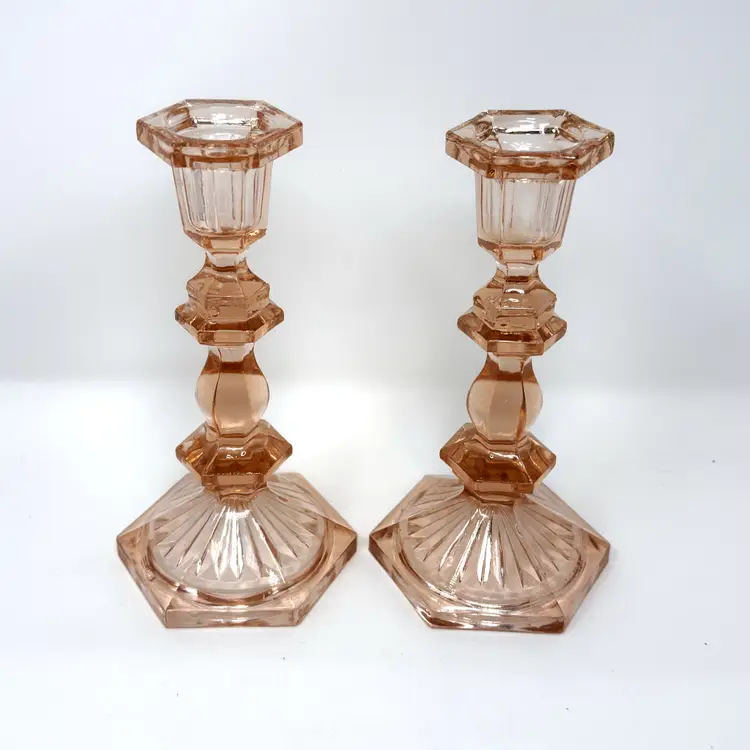 Pink Glass Taper Candle Holders, Vintage Pair, Octagonal Base, Faceted Stem  (0029-26)