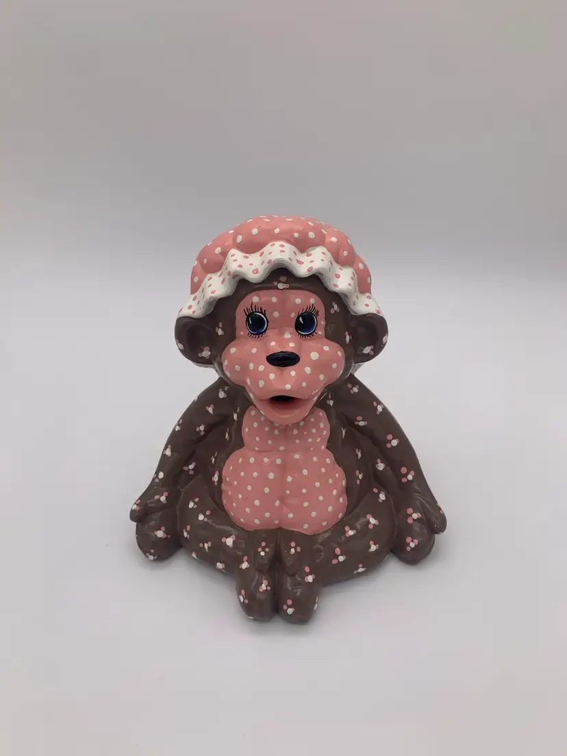 Vintage Decorative 7” Baby Monkey Tabletop Sculpture Pink & White Polka Dotted
