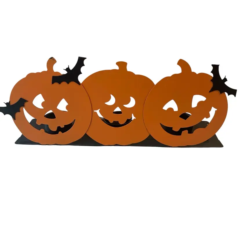 Hallmark Halloween Jack-O-Lantern & Bats Metal 3 Tea Light Candle Holder 11.5
