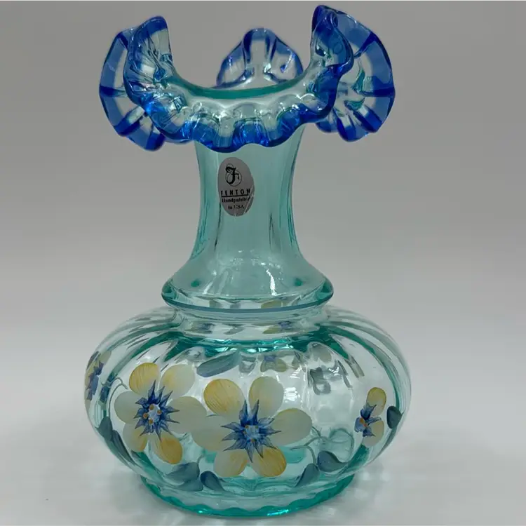 Fenton Hand Painted Floral Glass Face With Blue Ruffle hand painted by D Thorton has makers mark