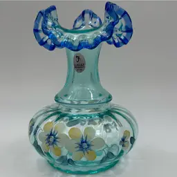 Fenton Hand Painted Floral Glass Face With Blue Ruffle hand painted by D Thorton has makers mark